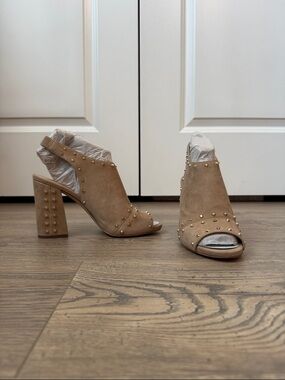 MICHAEL Michael Kors Taupe Suede Studded Block Heel Sandals